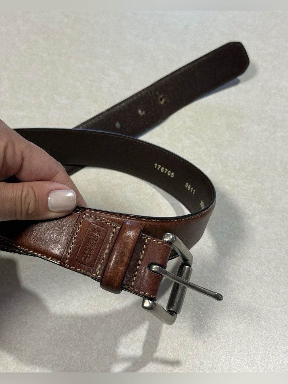 Fossil Men's Size 34 85 Brown Genuine Leather Casual Belt Silver Buckle